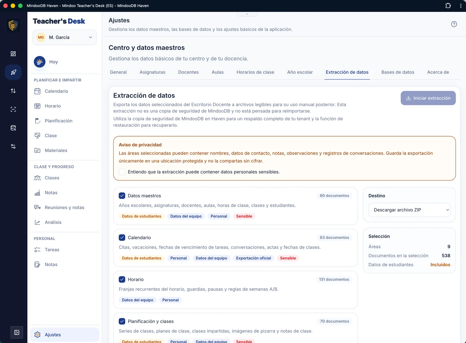 Ajustes: exportación de datos para descargar todos los contenidos