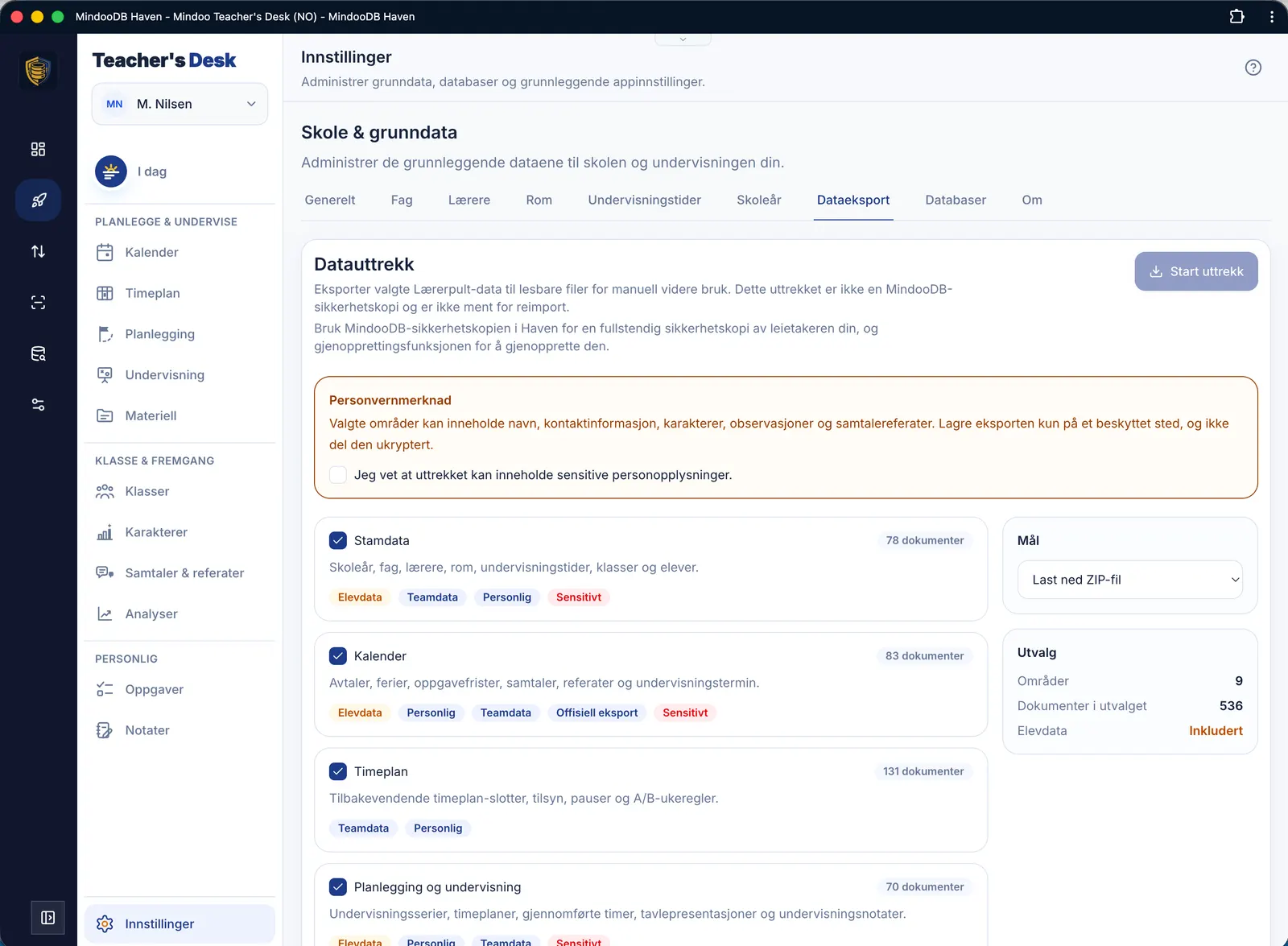 Innstillinger – datauttrekk for å eksportere alt innhold